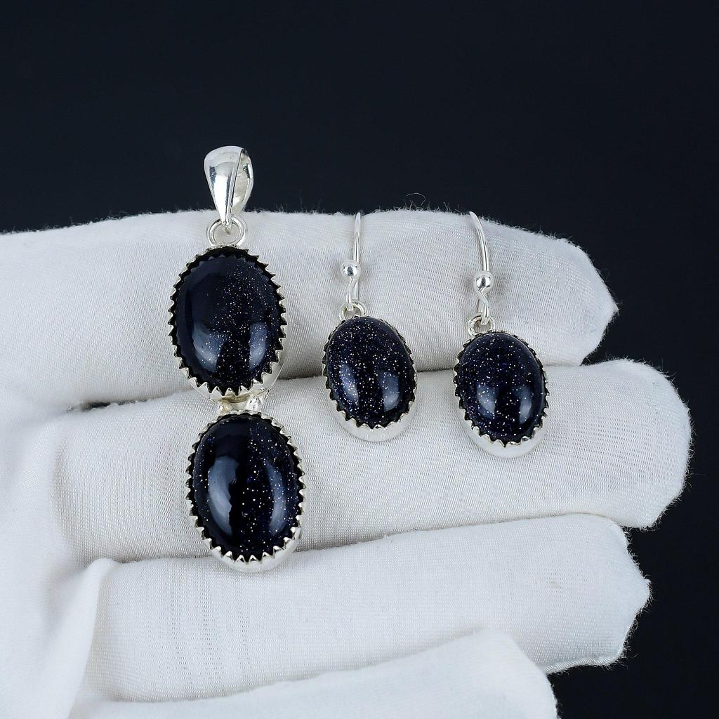 Blauer Sonnenstein Anhänger Set, Blauer Sonnenstein Edelstein Handarbeit 925 Sterling Silber Ohrring Anhänger Set für Frauen Anhänger Watte Geschenk