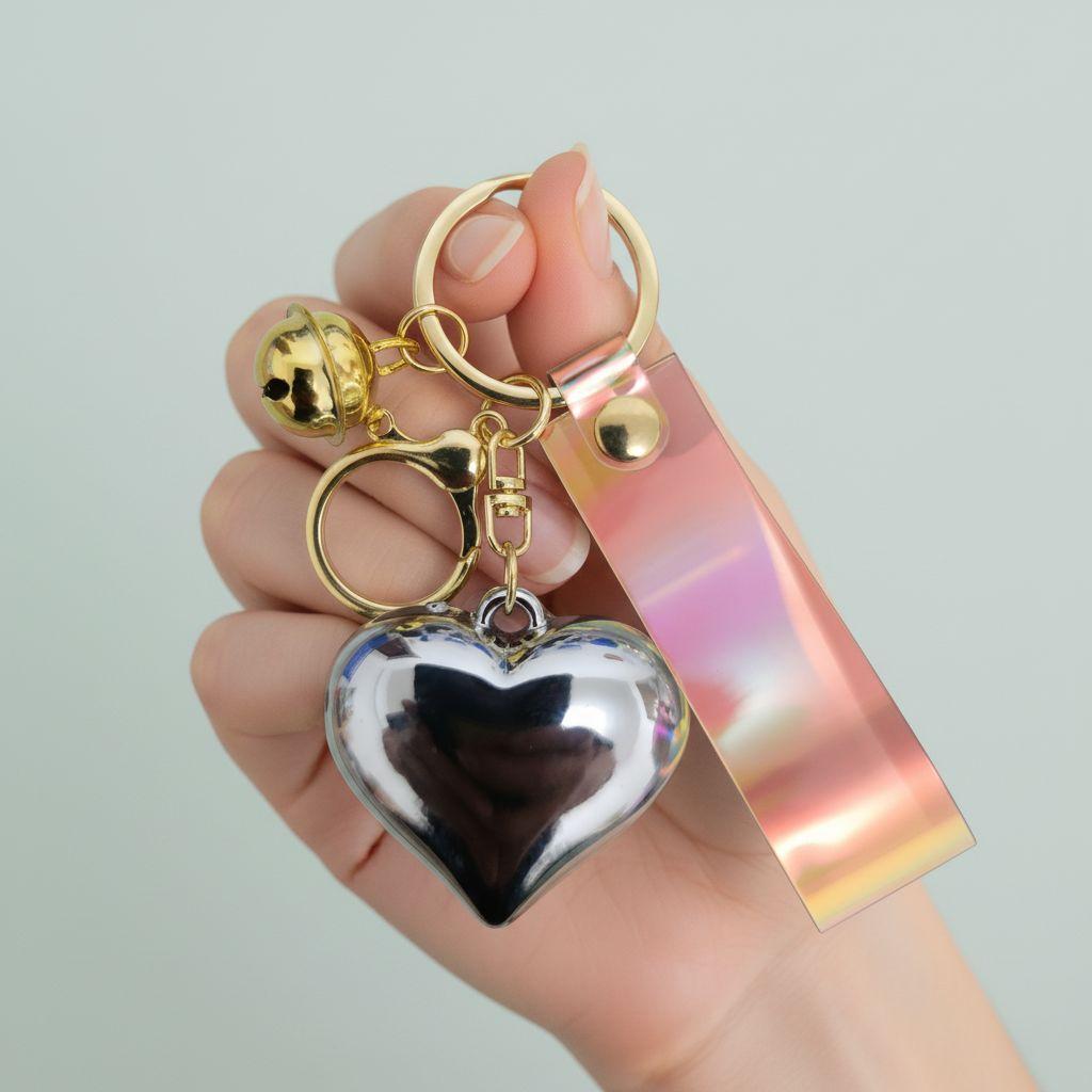 Acrylic Love Pendant Keychain, Fashionable And Simple Silver Three-Dimensional Hollow Big Love Pendant Keychain.