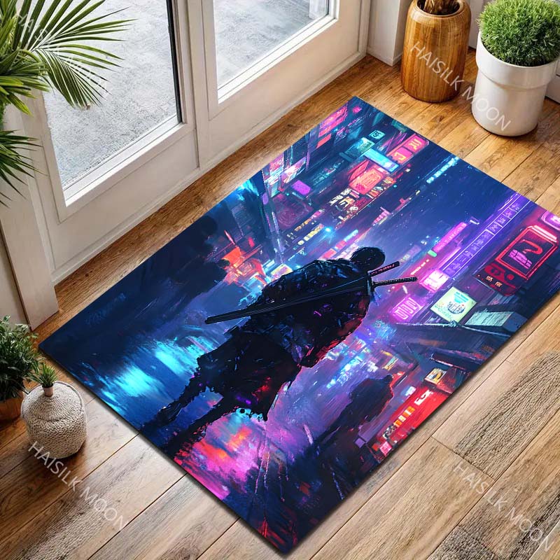 Futuristic city, rainy night, warrior Carpet for Living Room Bedroom Sofa Home Decor Rus Non-slip Floor Mat Luxury Gift