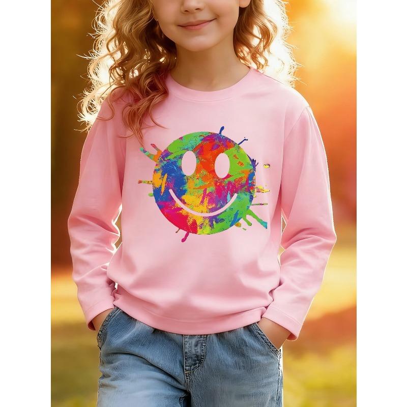 European sizes Kids' Long Sleeve Top, Fashionable Round Neck Sweatshirt with Colorful Splatter Smile Pattern, Cute Top for Daily Casual Wear
