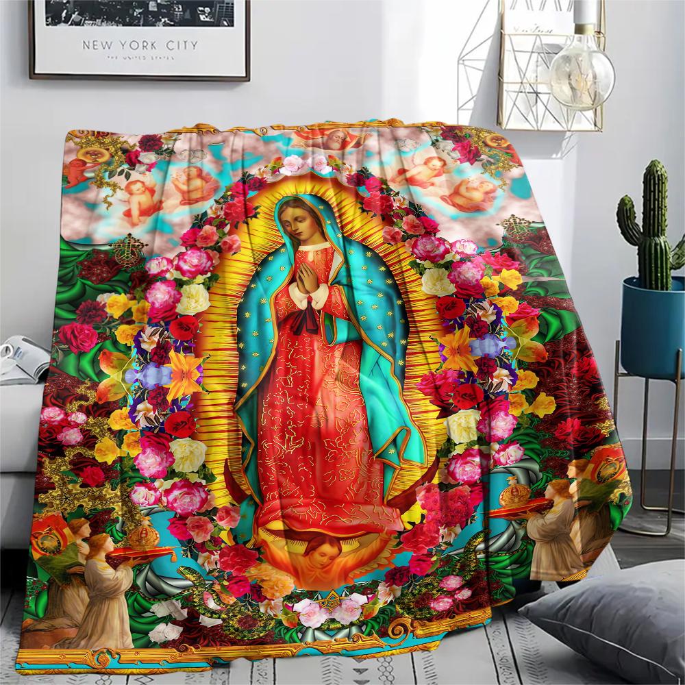 1Pc Virgin Mary Print Flannel Blanket, High quality Comfortable for All Seasons, Home Decor, Warmth and Comfort, Perfect for Christmas Gifts