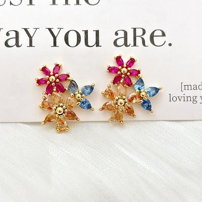 High-End Inlaid Colored Zircon Stud Earrings Light Luxury Fashion Gorgeous Fireworks Stud Earrings Commuter Versatile Temperament Earrings Women