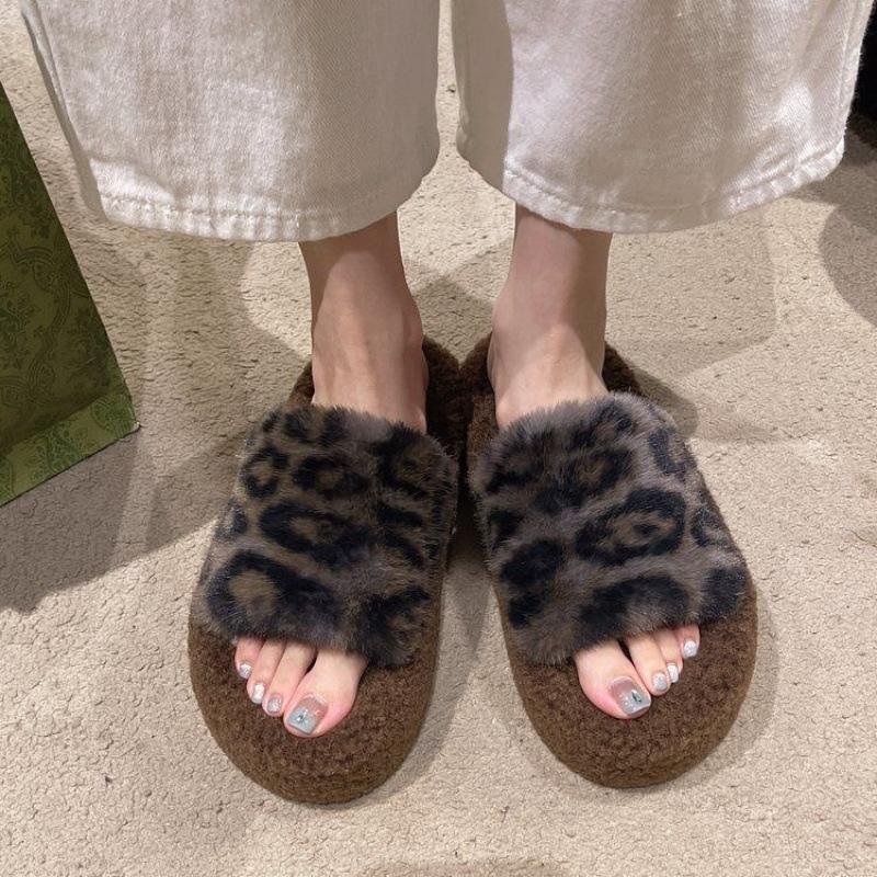

Leopard pattern thick-soled heightening plush slippers for outer wear home fashion new style plush slippers home shoes 36-37 чёрный