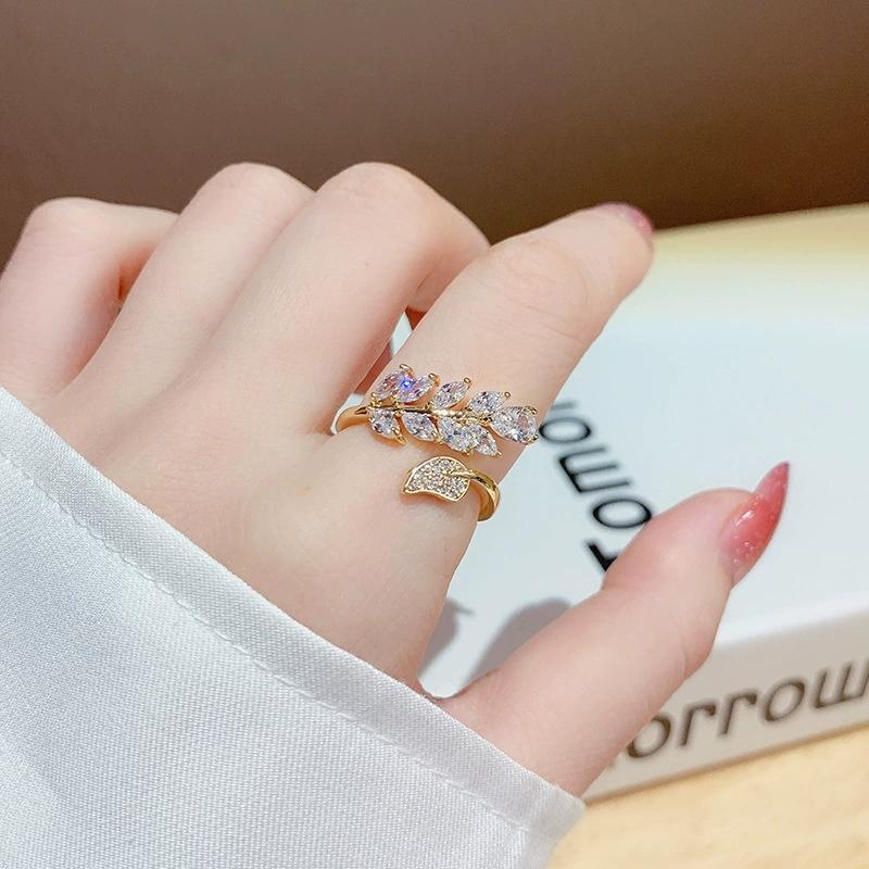 Trendy Leaves Shape Open Rings For Women Gold Silver Color Crystal Copper Ring Female Korean Daily Wear Jewelry Gift
