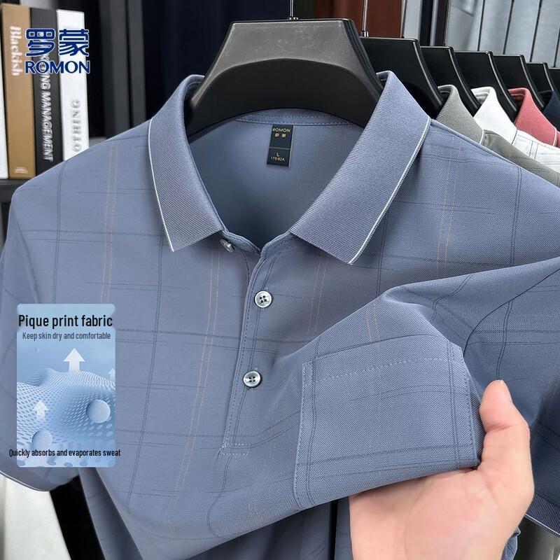 Romon Men s Striped Business Casual Polo T-Shirt M