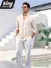 Men's Linen Cotton Blend Long Sleeve Shirt - Stylish Single Breasted Henley Neck Casual Tops for Daily Wear