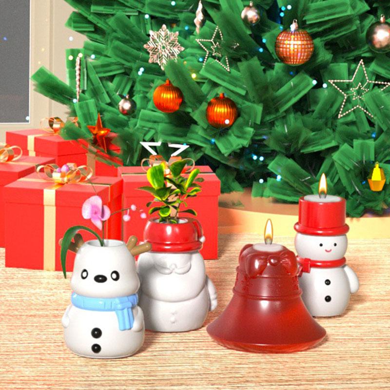 Christmas DIY Santa Claus Candle Holder Resin Craft Flower Pot Elk Bell Silicone Mold Snowman Epoxy