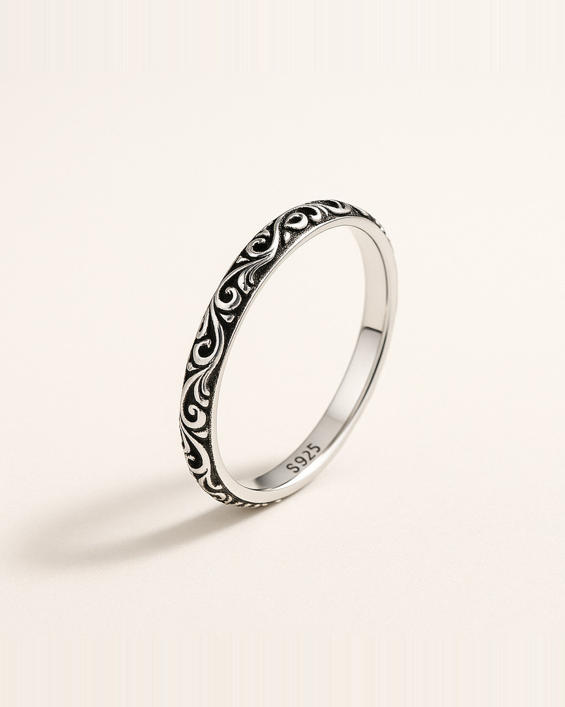 Bamoer Real 925 Sterling Silver Retro Black Engraved Pattern Rings for Women Stackable Rings