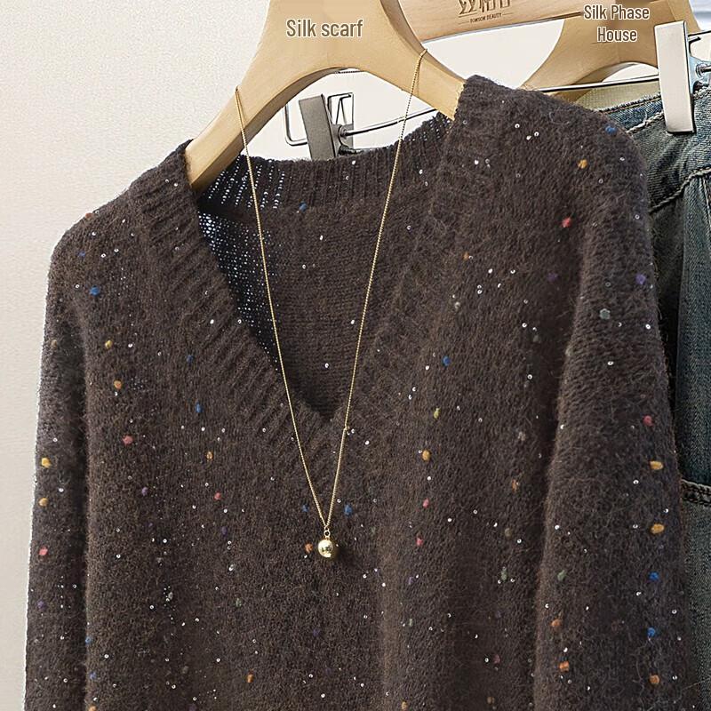 Women's V-Neck Long Sleeve Loose Knit Sweater with Sequins