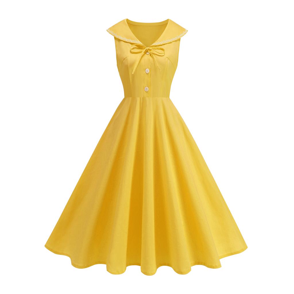 Women's Fashion Party Solid-Color Short-Sleeve Collared Bow Casual Dress For Summer