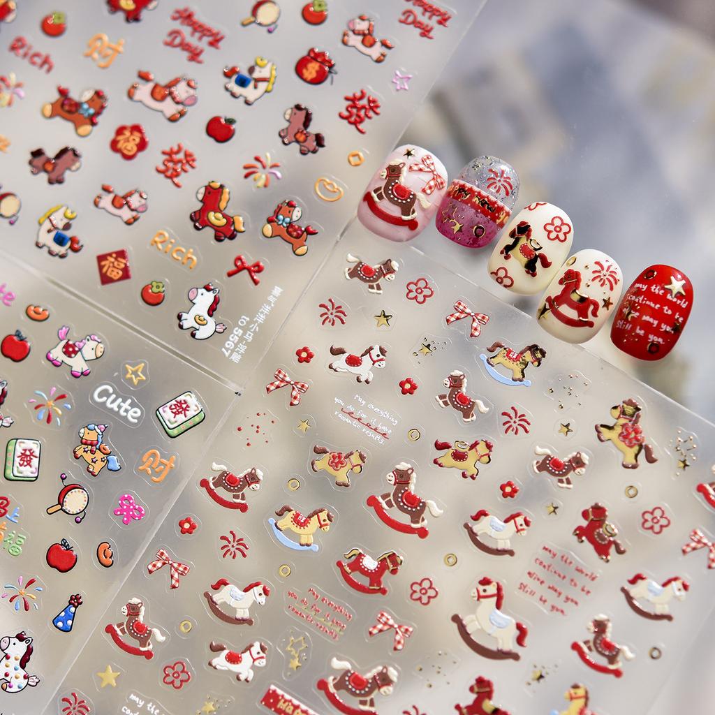 2026 Year of the Horse Nail Stickers Lovely Pony Bowknot Firework Flower Self-Adhesive Manicure Decals DIY New Year Decor