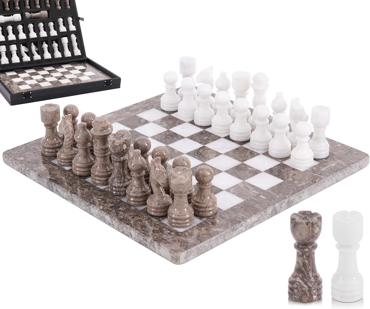

Marble Chess Set for Adults 12 with 32 Pieces, 2 Extra Queens, Storage Box, Luxury Travel Game