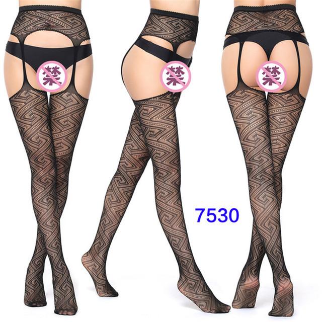 Sexy Lingerie Women's Fishnet Stockings With Garter Belt Summer Thin Lace Patterned Mesh Tights Female Black Suspender Pantyhose