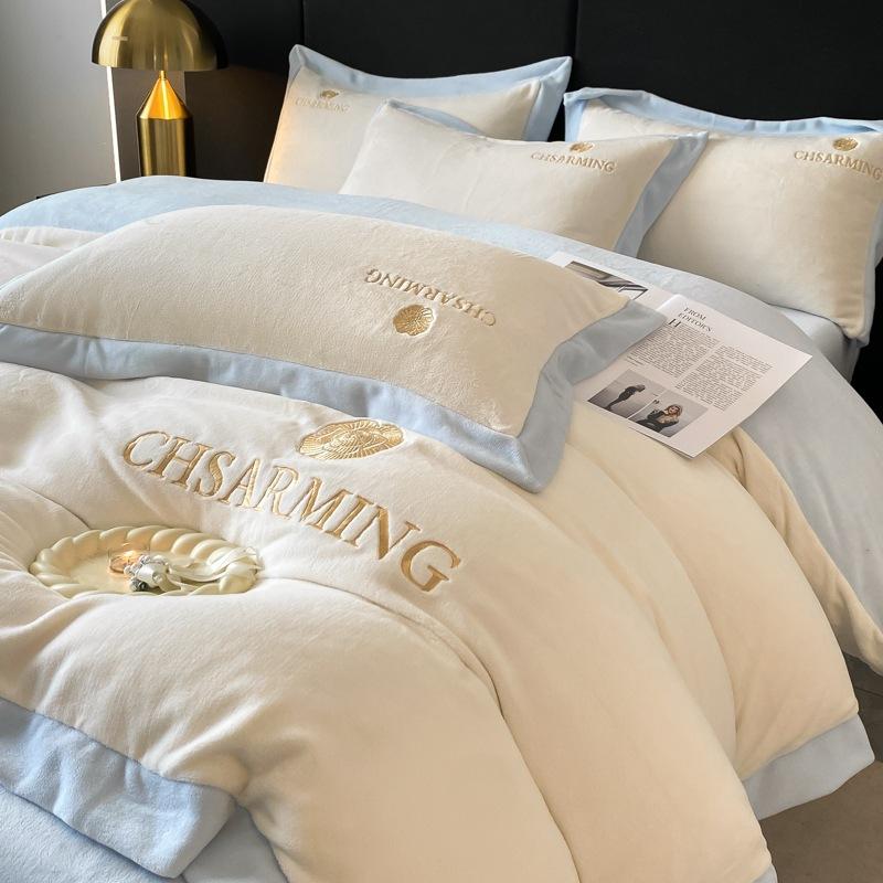 Light Luxury Embroidered Milk Fleece Bed Four-piece Set Winter Thickened Bed Sheet Quilt Cover Pillowcase