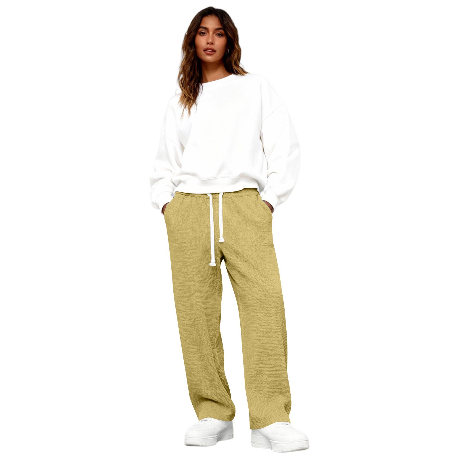 

Pants For Women Textured Drawstring Waist Solid Wide Leg Trousers Loose Sweatpants S жёлтый