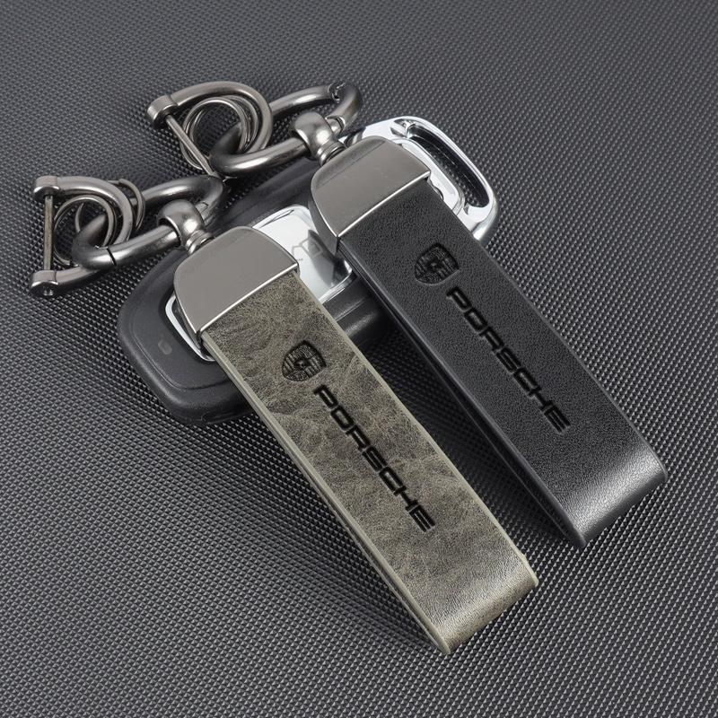 Leather KeychainFor Porsche Cayenne Panamera Macan 911 Taycan Boxster Cayman 918 Pajun Car Logo Key Chain Pendant Key Holder