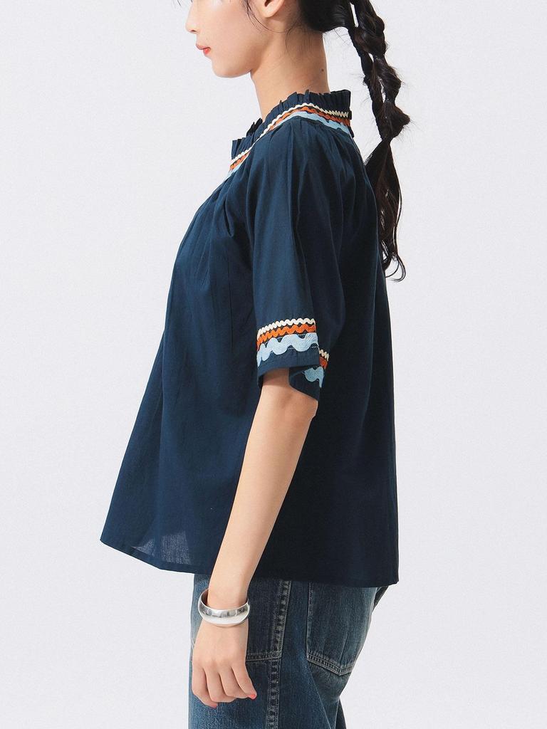 Beams Boy Shirt Trepied Tape Gathered Smock Navy Free S/S [Special Order] Women's