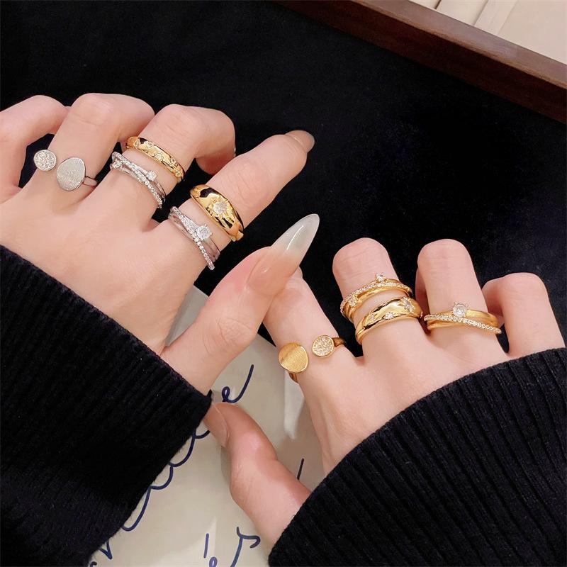 Noble And Simple Medieval Brushed Open Ring Light Luxury High Sense Retro Fashion Diamond Set Niche Design Ring Woman