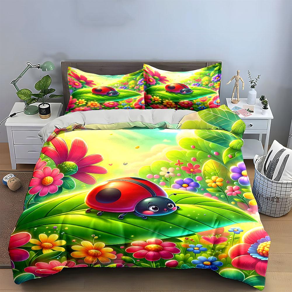 Ladybug On Leaf with Flowers Bedding Duvet Cover Set (1*Duvet Cover 2*Pillowcases, Without Duvet Insert)