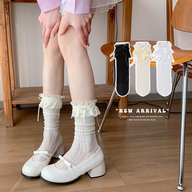 Lace Bow Socks for Women Spring and Summer, Thin Lolita Mid-calf White Ballet-style Mary Jane Pile Socks
