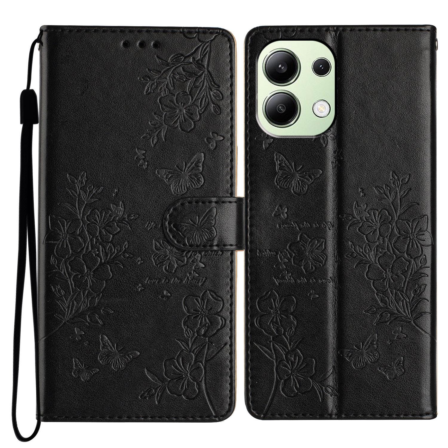 

For Xiaomi Redmi Note 13 4G Leather Case Butterfly Floral Imprint Wallet Phone Shell Black