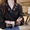 Women Shirt Lace Patchwork Stand Collar Flower Embroidery Single Breasted Long Sleeve Solid Color OL Commute Style Soft Lady Spring Fall Top Blouse