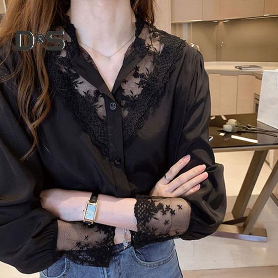 Women Shirt Lace Patchwork Stand Collar Flower Embroidery Single Breasted Long Sleeve Solid Color OL Commute Style Soft Lady Spring Fall Top Blouse