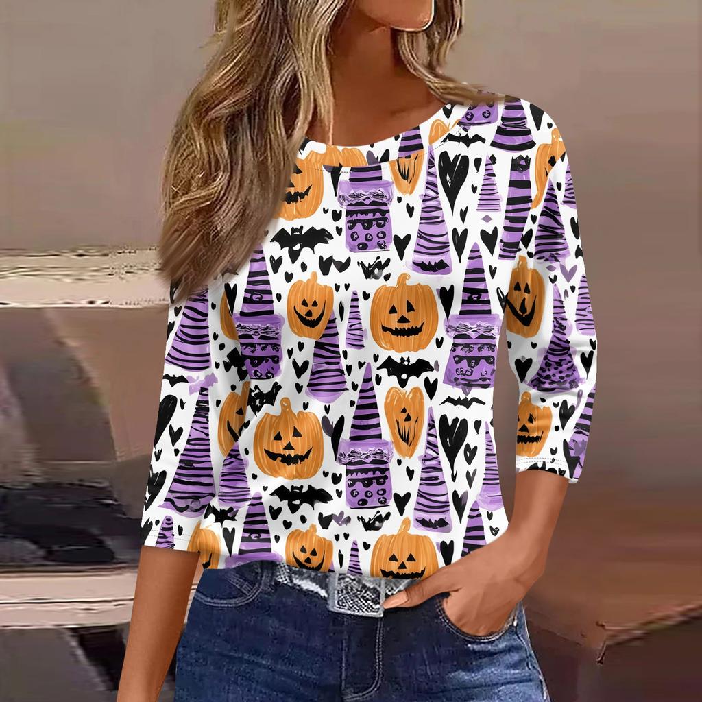 Women's 3/4 Sleeve Casual Loose Fit Round Neck Shirt Halloween Pumpkin Print T-Shirt Comfortable Lightweight Top for Everyday Wear