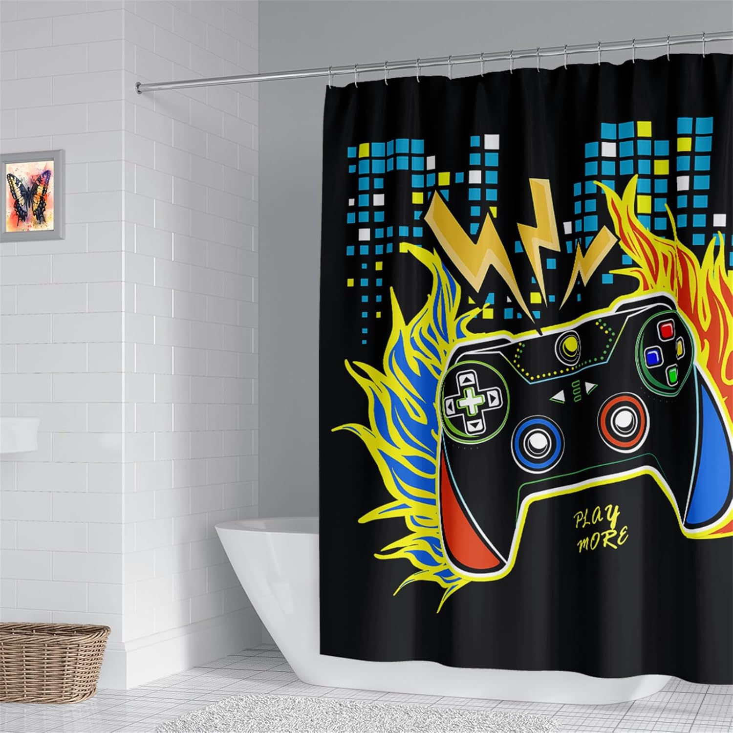 

Boy room video gamepad printed shower curtain, toilet bathroom bathtub decorative shower curtain with 12 hooks W90xH180cm