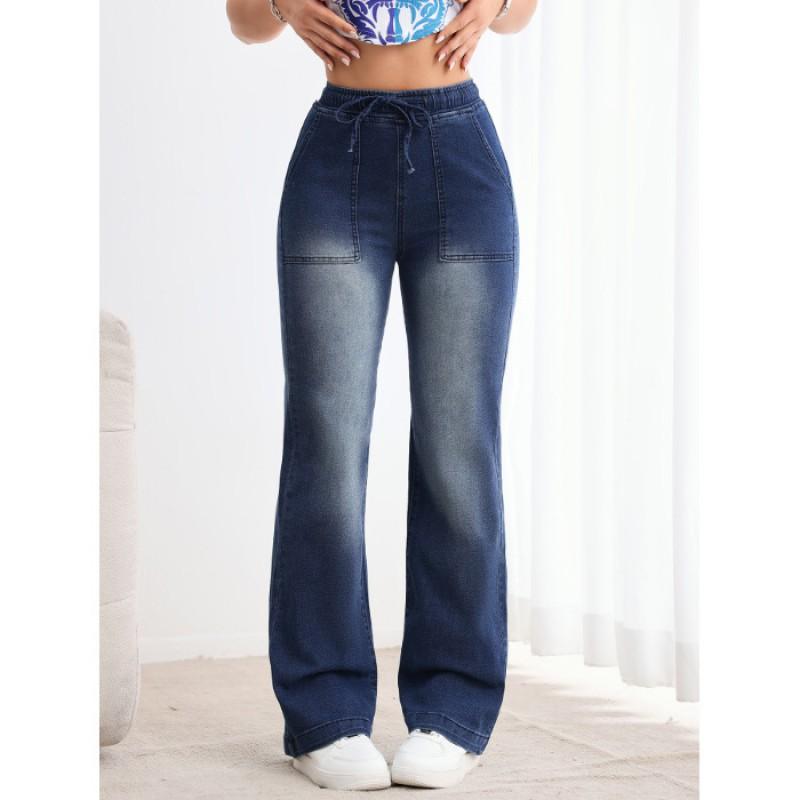 TEMU Hot Fashion Elastic Waist Drawstring Straight Jeans Women s Brand S темно-синий