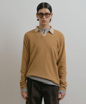 DUSTYWHITE Yellow Boucle Striped Textured Collar T Shirt