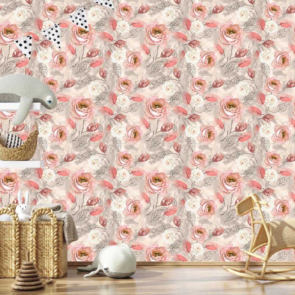Watercolor Roses Wallpaper with Leaves for Living Room and Bedroom 50x1000