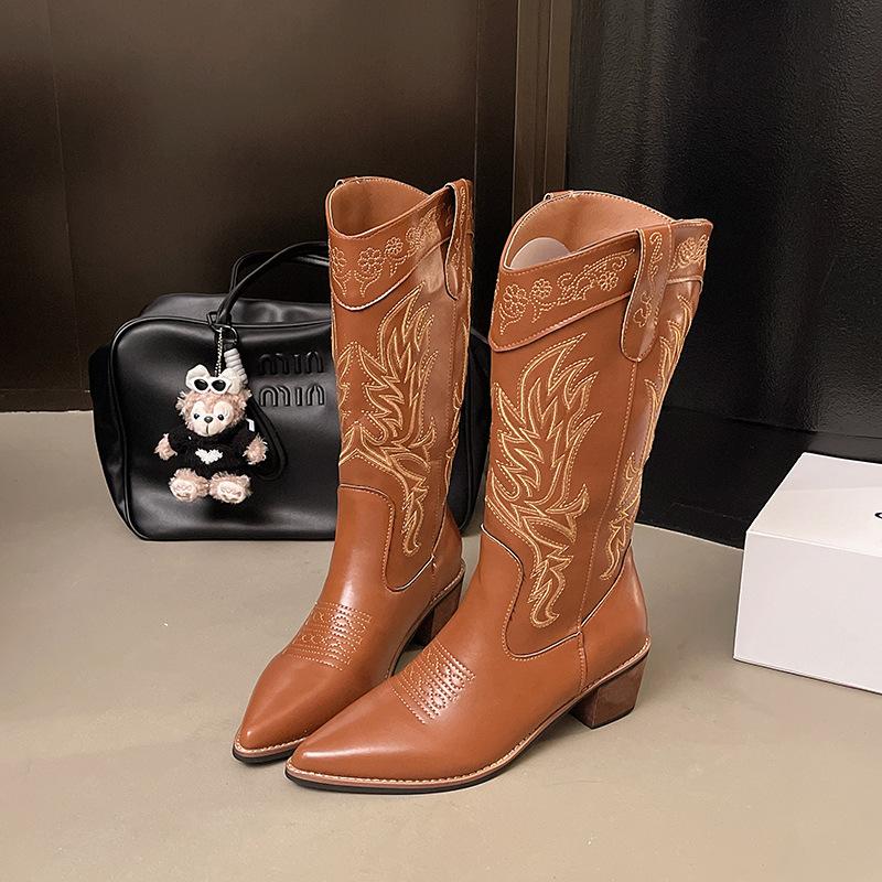 Women's Western Cowboy Boots Retro Embroidered Knight Boots Fashion Mid-Calf V-Notch Boot Pointed Leather Boots for Women Botas