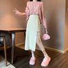 New 2025 Chinese Style Knitted Half Length Skirt for Autumn Winter, High Waist Skinny Look Split Mid Length Pan Buckle Female