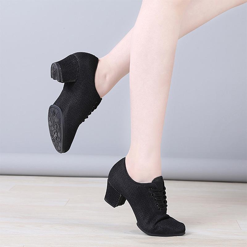 Scarpe da Jazz in Rete Donna Adulto Pratica Sala da Ballo Scarpe Latine Nere Traspiranti Scarpe da Insegnante con Tacco 3,5 cm
