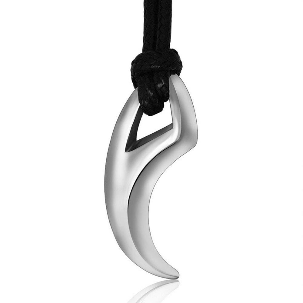 Punk Hip Hop Stainless Steel Crescent Tooth Spike Pendant Necklace Men Women Fashion Wolf Tooth Leather Rope Necklace Jewelry