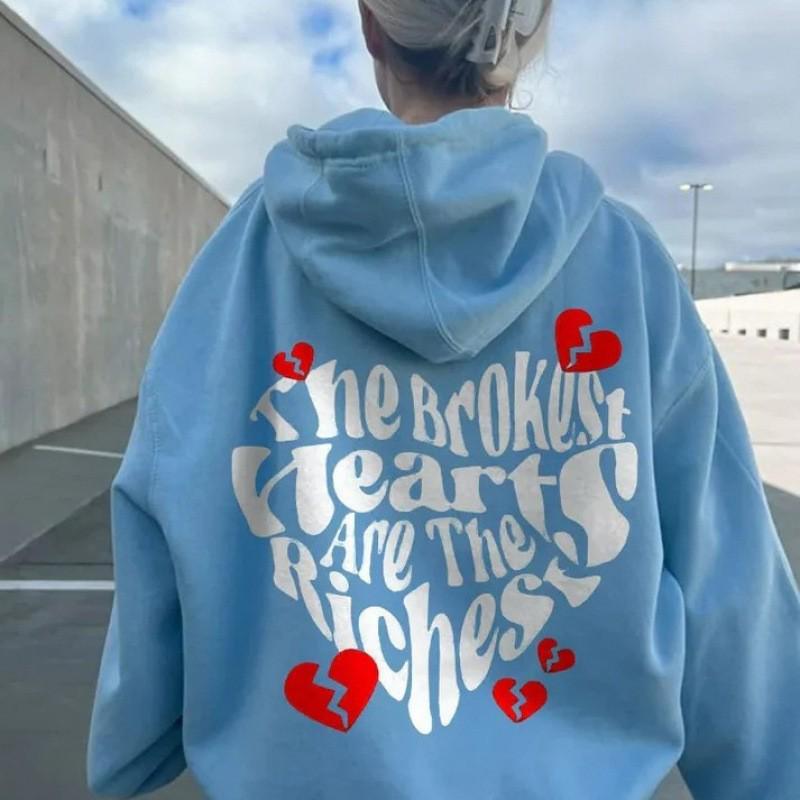 2025 New European Women's Drop Shoulder Ribbed Hoodie Sweatshirt with Print