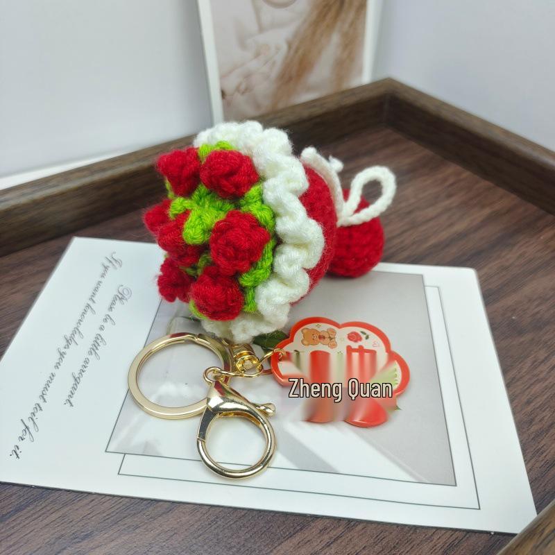 Handmade Knit Yarn Rose Flower Keychain Bag Accessory Gift