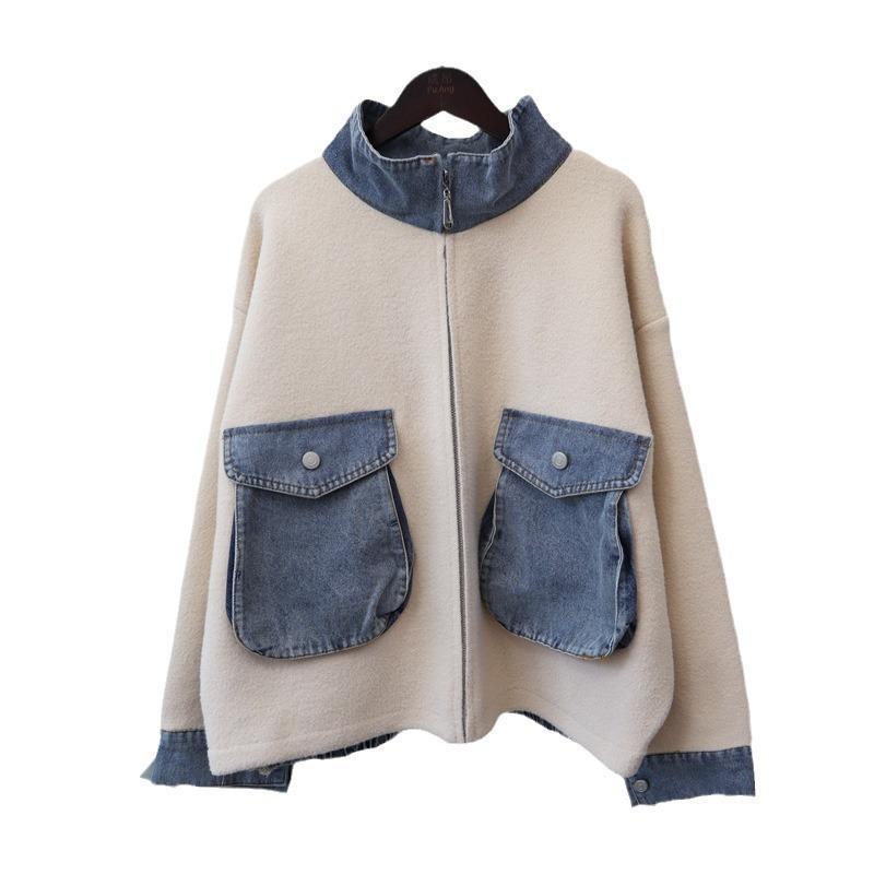 Autumn and winter new zipper splicing denim knitted double-sided woolen cardigan temperament sweater jacket women