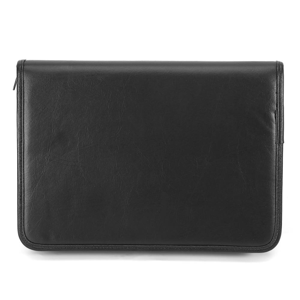Black Zippered Pocket Zippered Padfolio Faux Leather Conference Folder Organizer  For Business Men