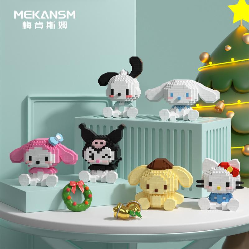 Sanrio Hello Kitty Baustein Pochacco Cinnamoroll Kuromi Zusammengebautes 3D-Modell My Melody Pom Pom Kind Mini-Bausteine Figuren Spielzeug