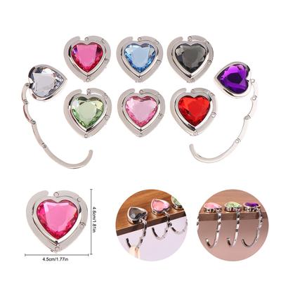 וו לתליית תיק בצורת לב מתקפל קריסטל וו לתליית תיק וו שולחן מתקפל נייד מארגן ווים צדדיים לשולחן אביזרי תיק