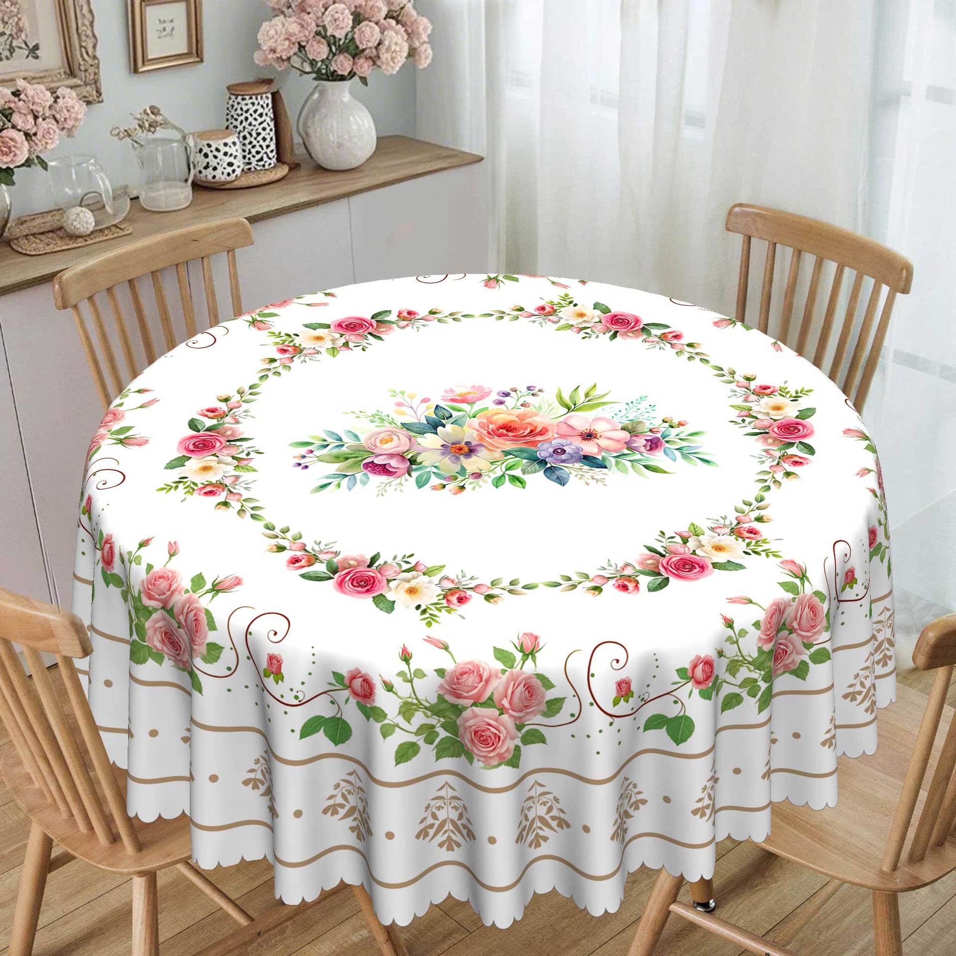 Весенне-летние пасторальные, квадратные/круглые скатерти, цветочные узоры, декоративные скатерти, розовые лозы Round tablecloth-152x152cm