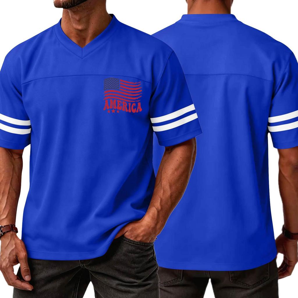 Men V Neck Short Sleeve Casual Sports T Shirt with Independence Day Print and Striped Sleeves for Everyday Wear