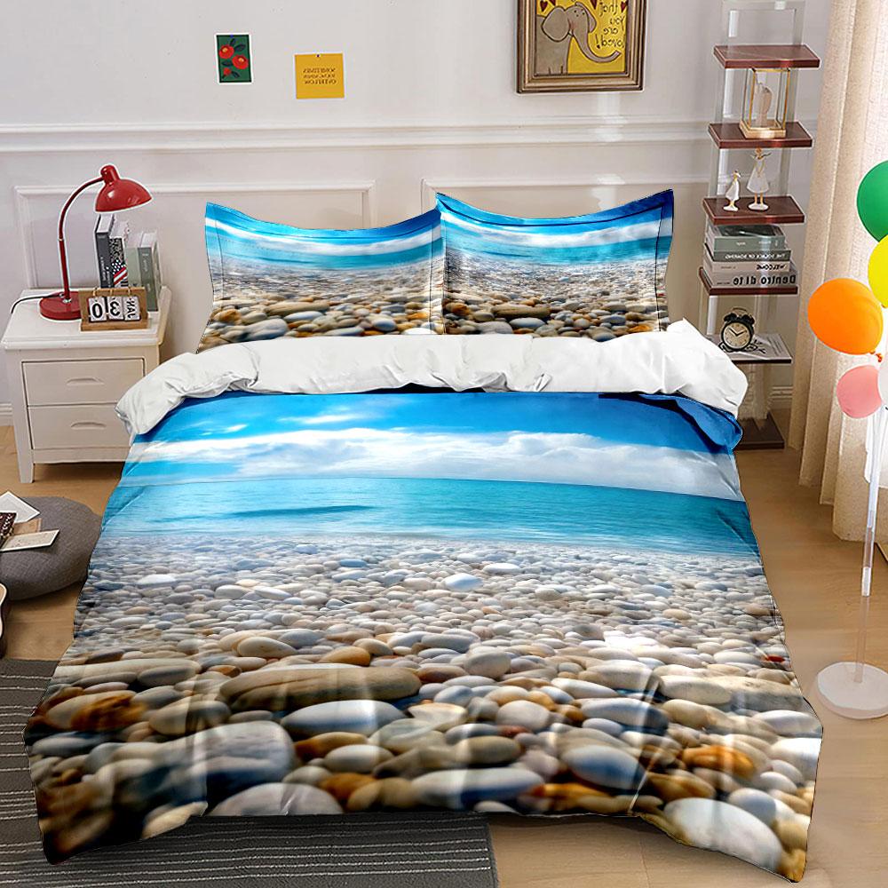 Set Biancheria da Letto 3 Pezzi Spiaggia Tropicale con Sassi, Copripiumino con Stampa Cielo Blu e Mare + 2 Federe, Sereno Motivo Costiero per Camera da Letto