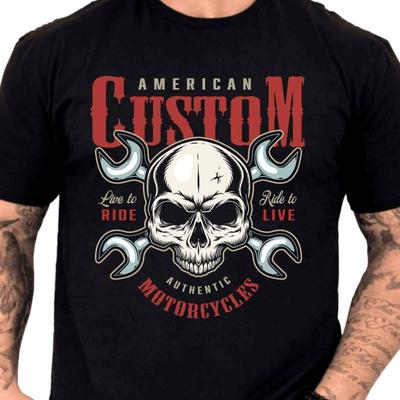 American Custom Motorcycle Skull Crossed Wrenches Biker Mechanic Graphic T-Shirt