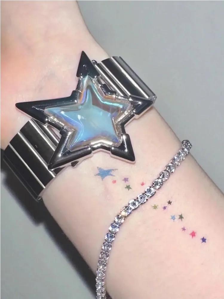 Fashion Punk Red Love Laser Stars Metal Strap Unisex Bracelet Simple Personality  Jewelry for Women Men Birthday Gift Bracelet
