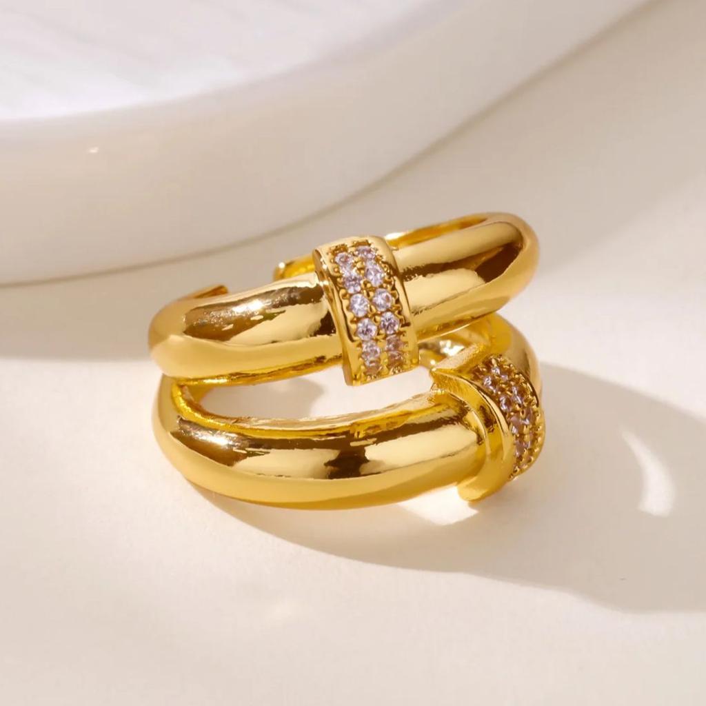 Zircon Double Round Rings For Women Gold Color Stainless Steel Geometric Adjustable Finger Rings Wedding Couple Jewelry Gifts