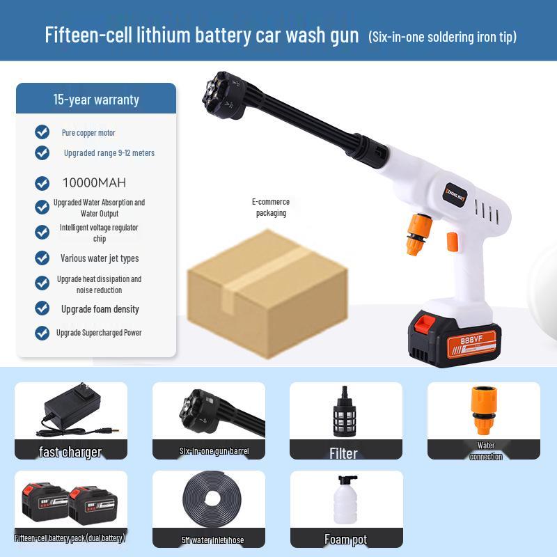 Portable Wireless Lithium Battery Car Washer: 10-Setting High-Pressure Water Gun with Six-in-One Head