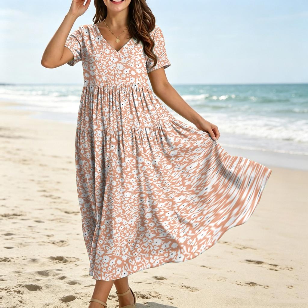 Women's Casual Loose Fit Bohemian Style Gradient Print Short Sleeve V Neck Maxi Dress with Flowing Skirt and Relaxed Silhouette